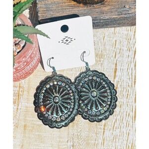 Western Earrings Antiqued Turquoise Concho AB Stone Copper Dangle Drop Jewelry